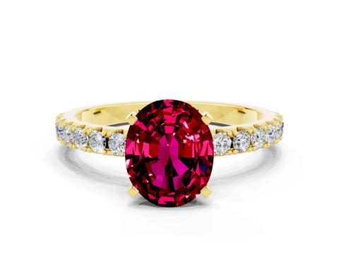 Yellow gold Oval Cut Garnet Solitaire Pavé Band with Four-Prong Setting