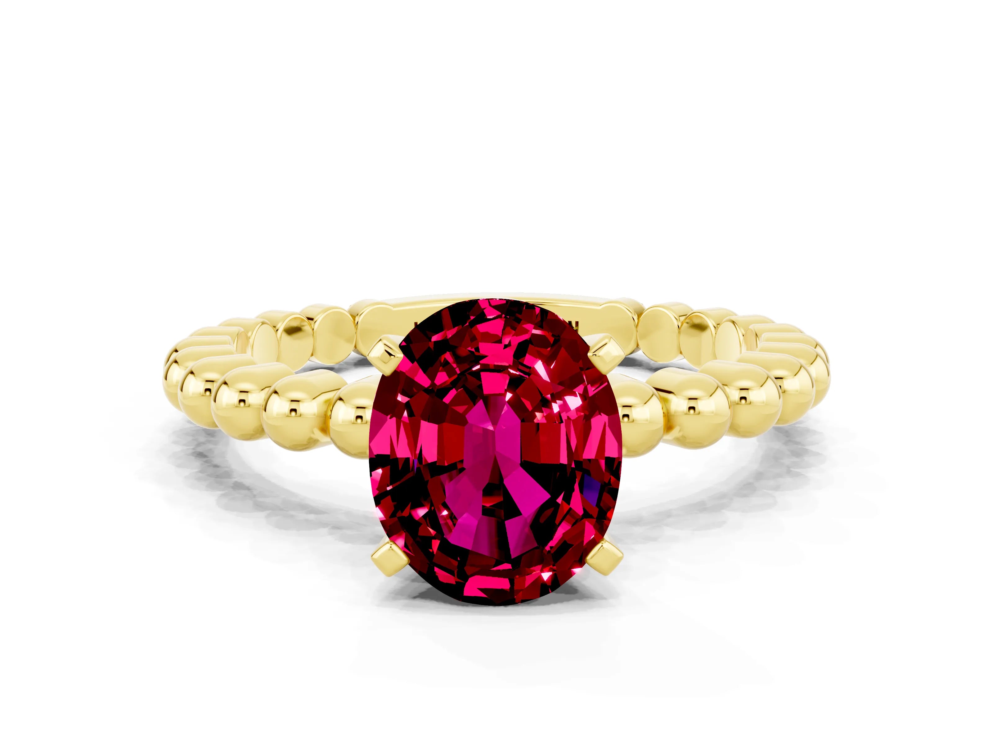 Yellow gold Oval Cut Garnet Solitaire Ring with Beaded Band and Prong Setting