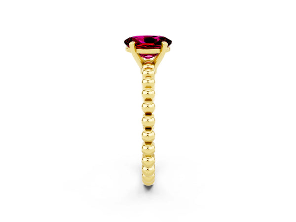Yellow gold Oval Cut Garnet Solitaire Ring with Beaded Band and Prong Setting