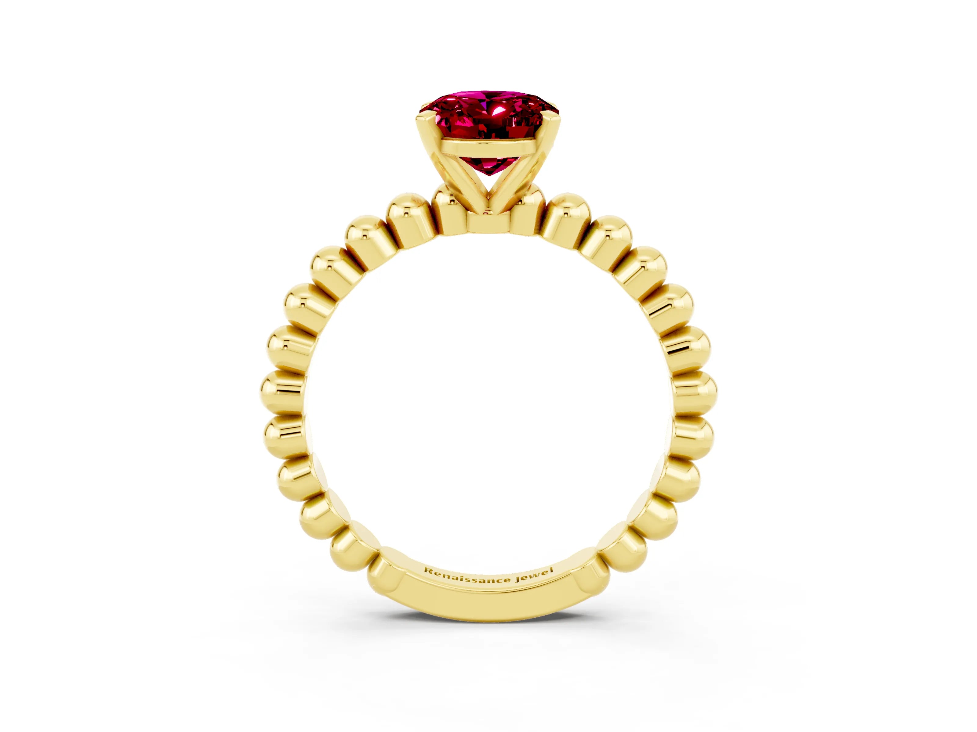 Yellow gold Oval Cut Garnet Solitaire Ring with Beaded Band and Prong Setting_3