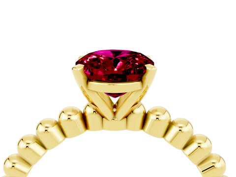 Yellow gold Oval Cut Garnet Solitaire Ring with Beaded Band and Prong Setting_4
