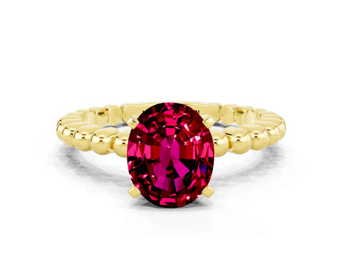 Yellow gold Oval Cut Garnet Solitaire Ring with Beaded Band and Prong Setting