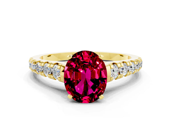 Yellow gold Oval Cut Garnet Cathedral Solitaire Ring with Round  Pavé Band