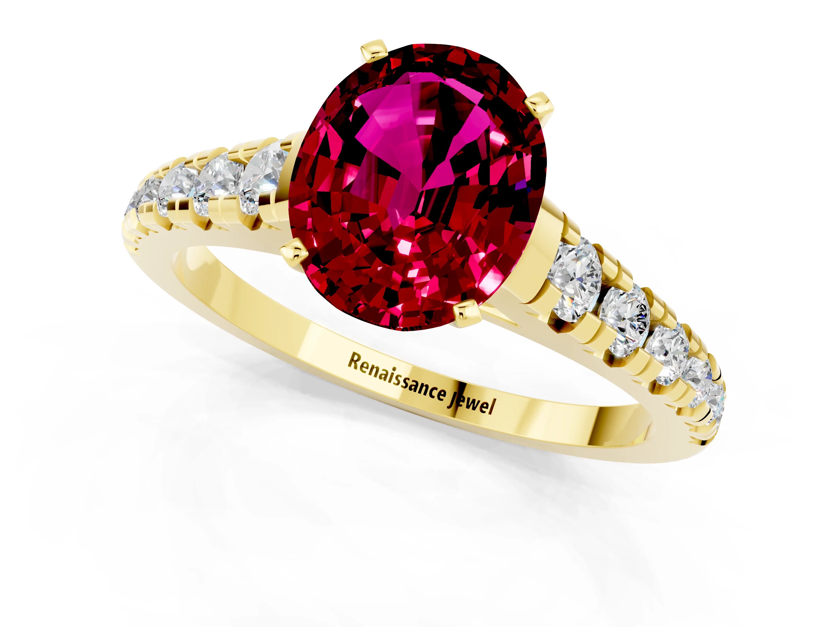 Yellow gold Oval Cut Garnet Solitaire Ring with Cathedral Setting and Pavé Band_1