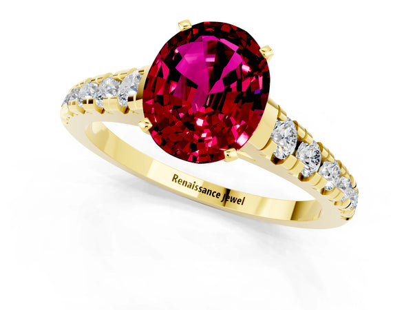 Yellow gold Oval Cut Garnet Cathedral Solitaire Ring with Round  Pavé Band