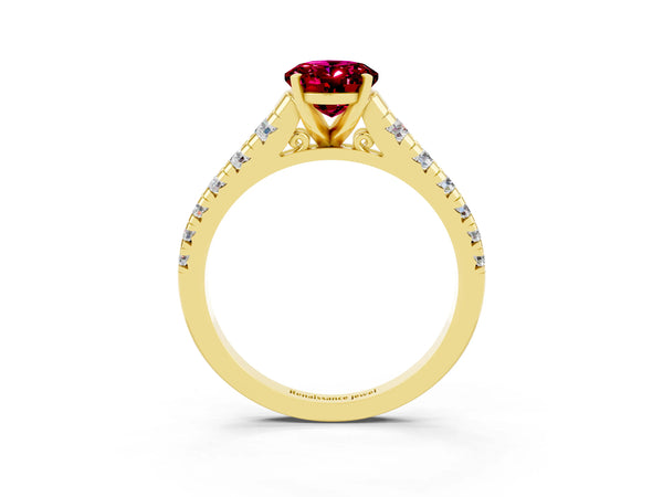 Yellow gold Oval Cut Garnet Cathedral Solitaire Ring with Round  Pavé Band