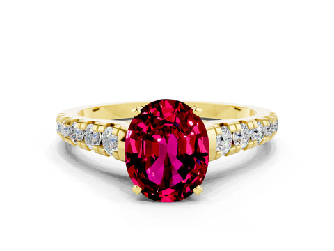 Yellow gold Oval Cut Garnet Solitaire Ring with Cathedral Setting and Pavé Band
