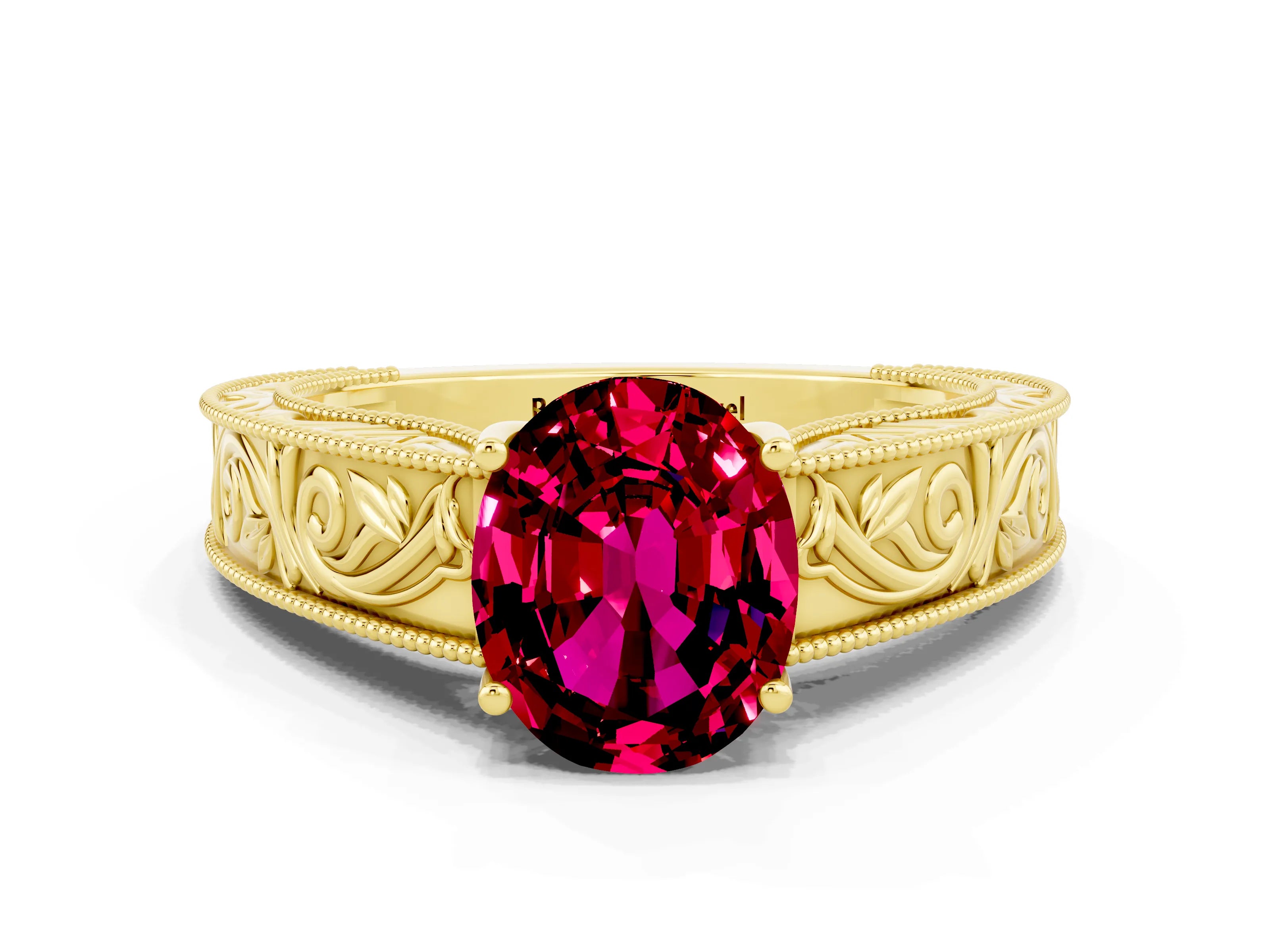Yellow gold Oval Cut Garnet Solitaire Ring with Engraved Band and Four-Prong Setting