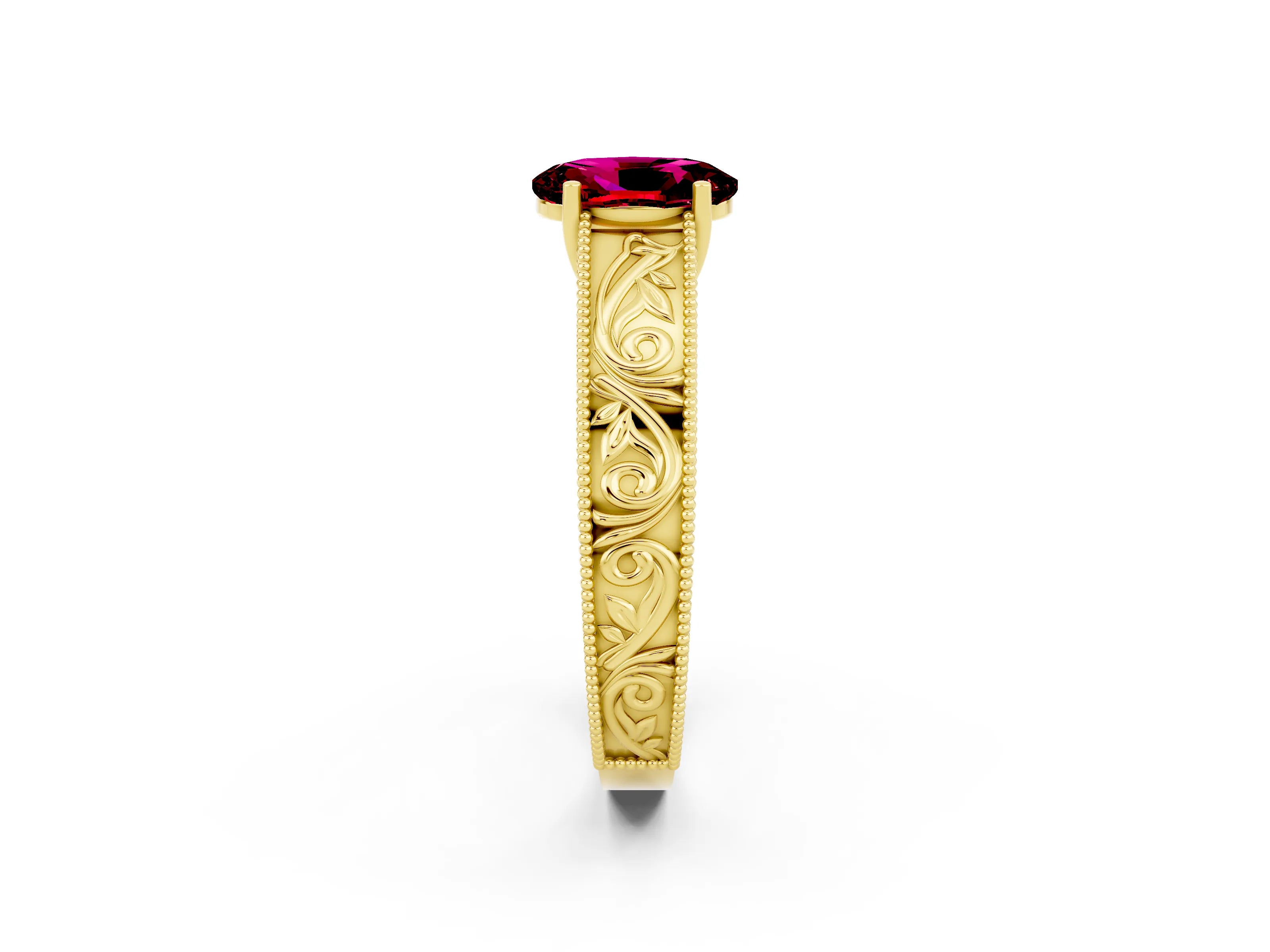 Yellow gold Oval Cut Garnet Solitaire Ring with Engraved Band and Four-Prong Setting_2