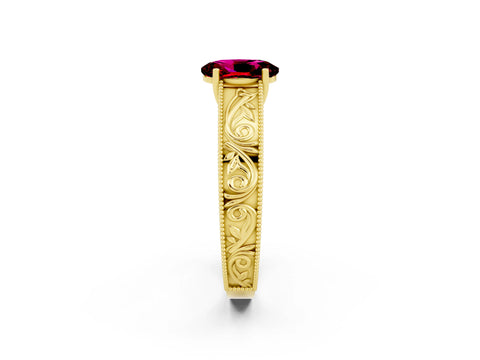 Yellow gold Oval Cut Garnet Solitaire Ring with Engraved Band and Four-Prong Setting_2
