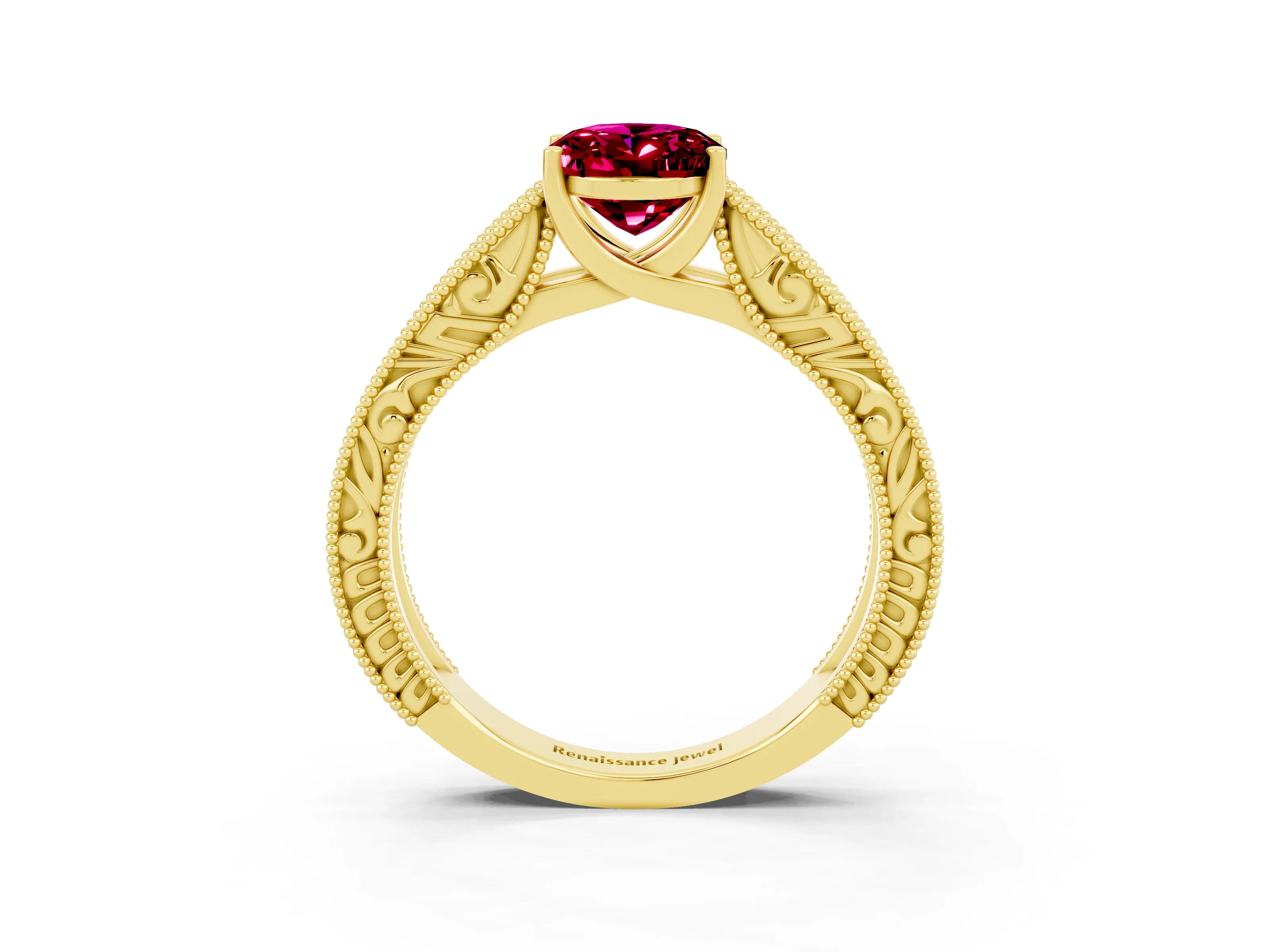 Yellow gold Oval Cut Garnet Solitaire Ring with Engraved Band and Four-Prong Setting_3