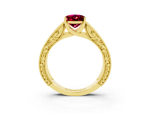 Yellow gold Oval Cut Garnet Solitaire Ring with Engraved Band and Four-Prong Setting_3