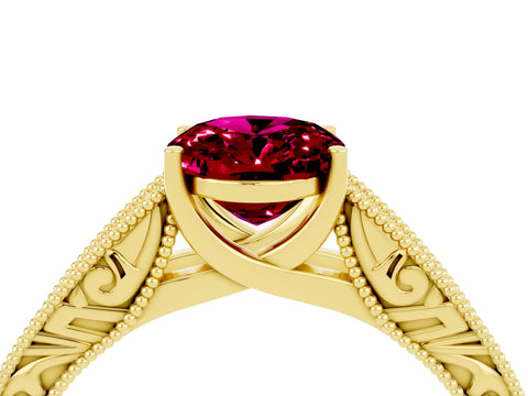 Yellow gold Oval Cut Garnet Solitaire Ring with Engraved Band and Four-Prong Setting_4