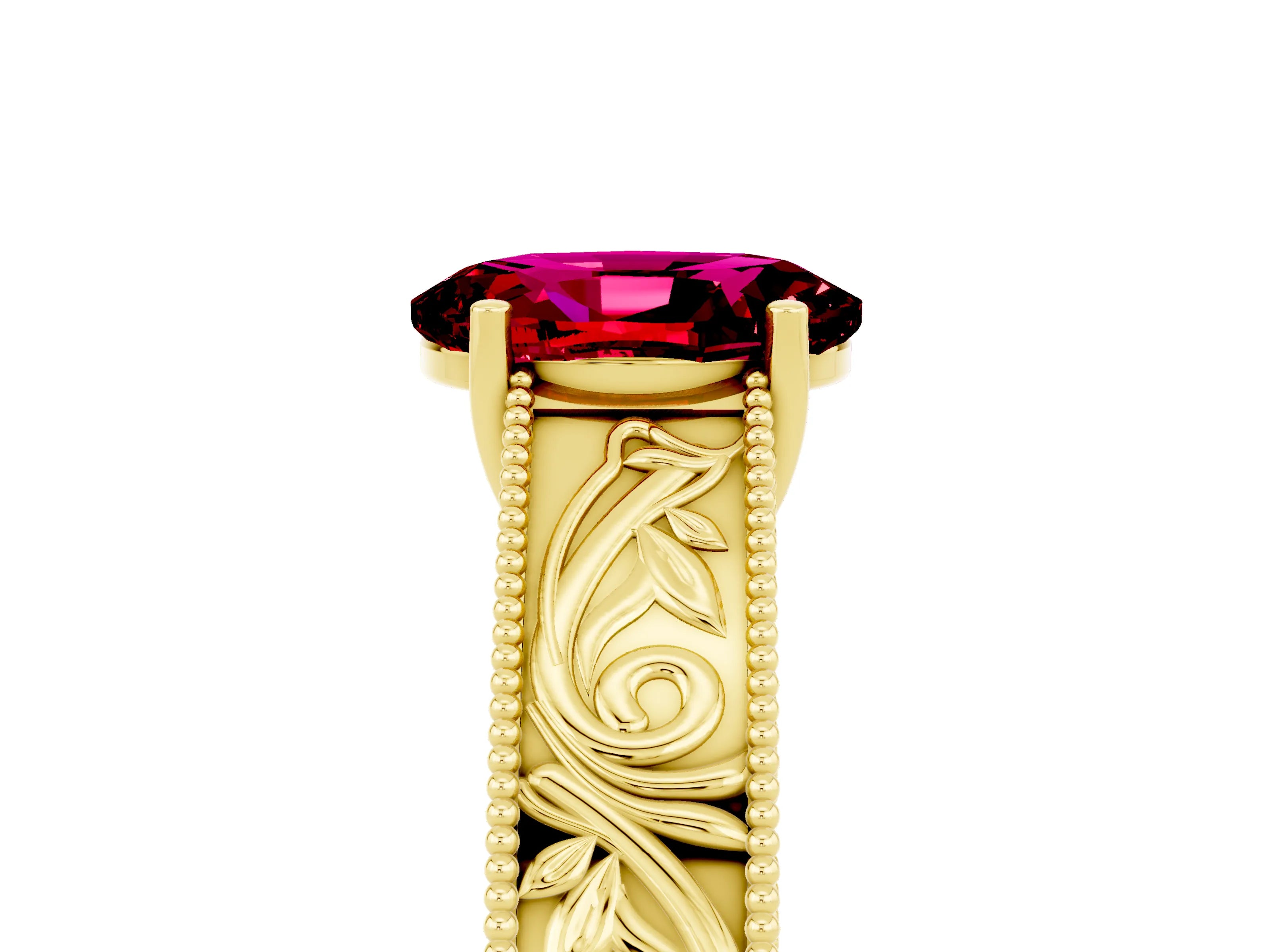 Yellow gold Oval Cut Garnet Solitaire Ring with Engraved Band and Four-Prong Setting_5