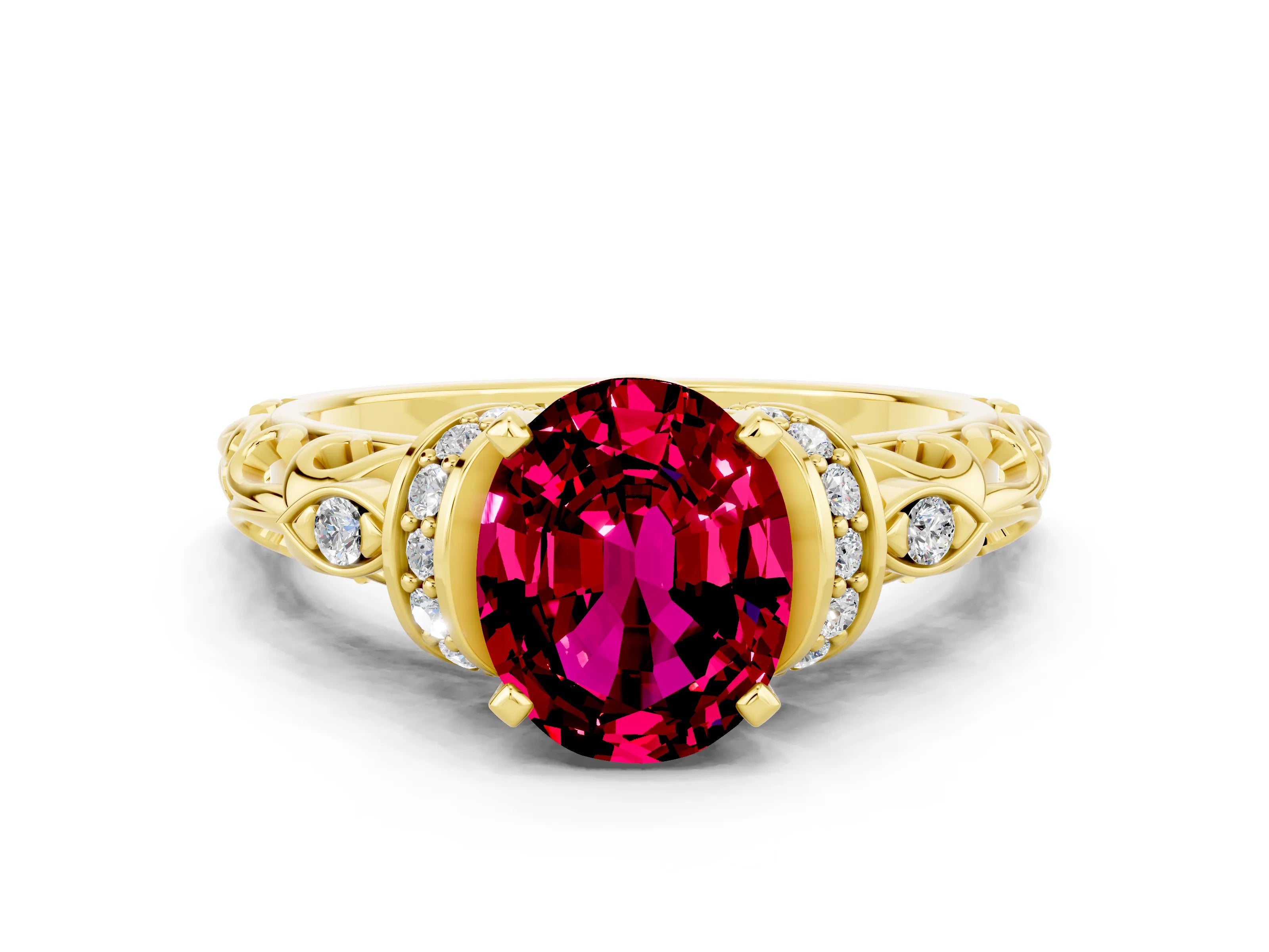 Yellow gold Oval Cut Garnet Solitaire Ring with Filigree Band and Four-Prong Setting_24