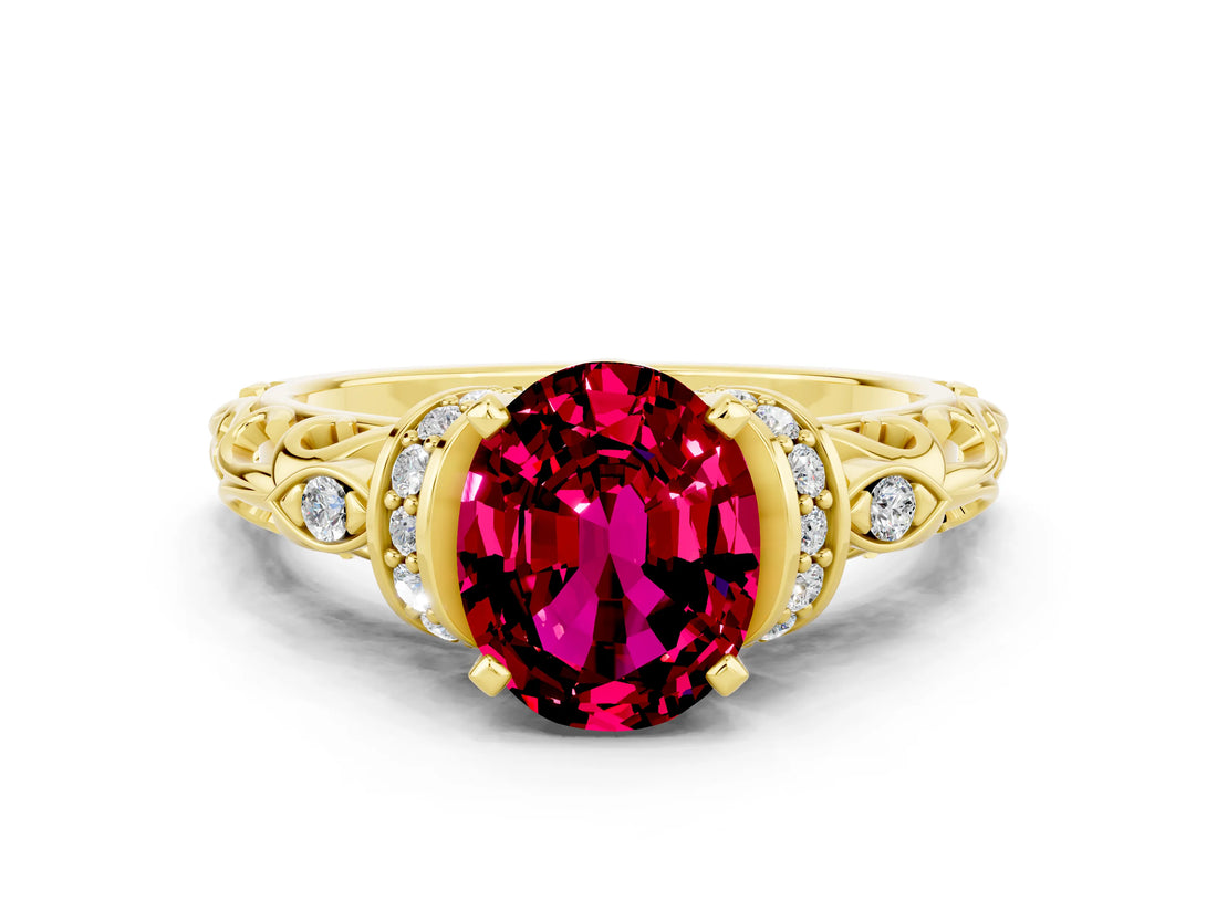 Yellow gold Oval Cut Garnet Solitaire Ring with Filigree Band and Four-Prong Setting_24
