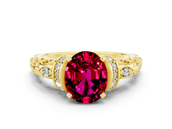 Yellow gold Oval Cut Garnet Solitaire Ring with Filigree Band and Four-Prong Setting