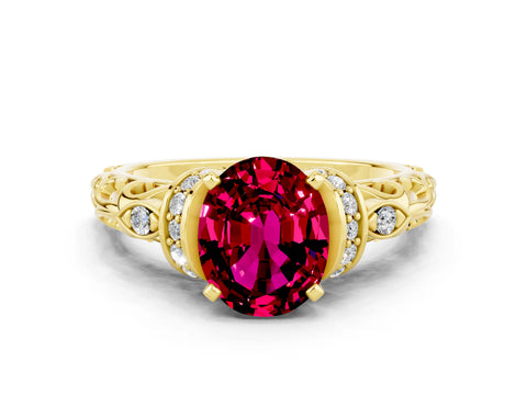 Yellow gold Oval Cut Garnet Solitaire Ring with Filigree Band and Four-Prong Setting_24