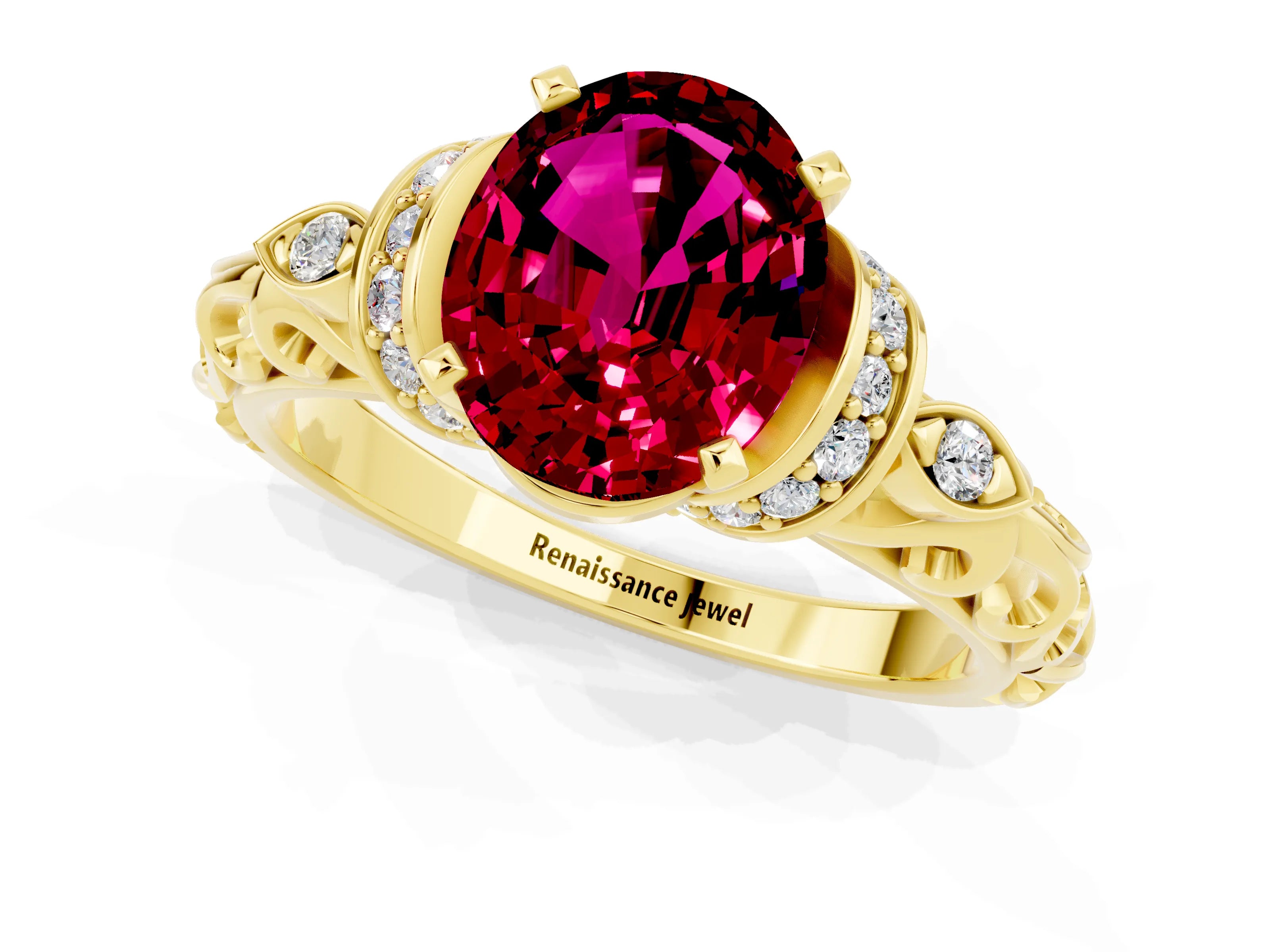 Yellow gold Oval Cut Garnet Solitaire Ring with Filigree Band and Four-Prong Setting_25