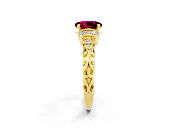 Yellow gold Oval Cut Garnet Solitaire Ring with Filigree Band and Four-Prong Setting