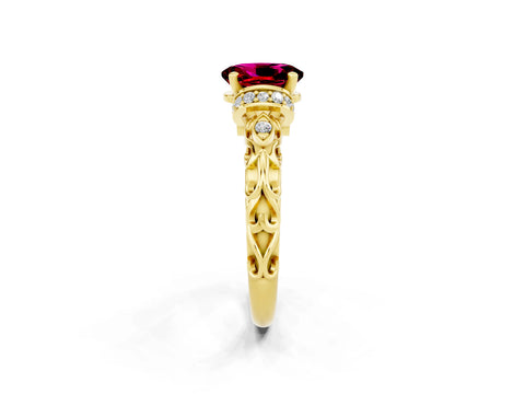 Yellow gold Oval Cut Garnet Solitaire Ring with Filigree Band and Four-Prong Setting_26