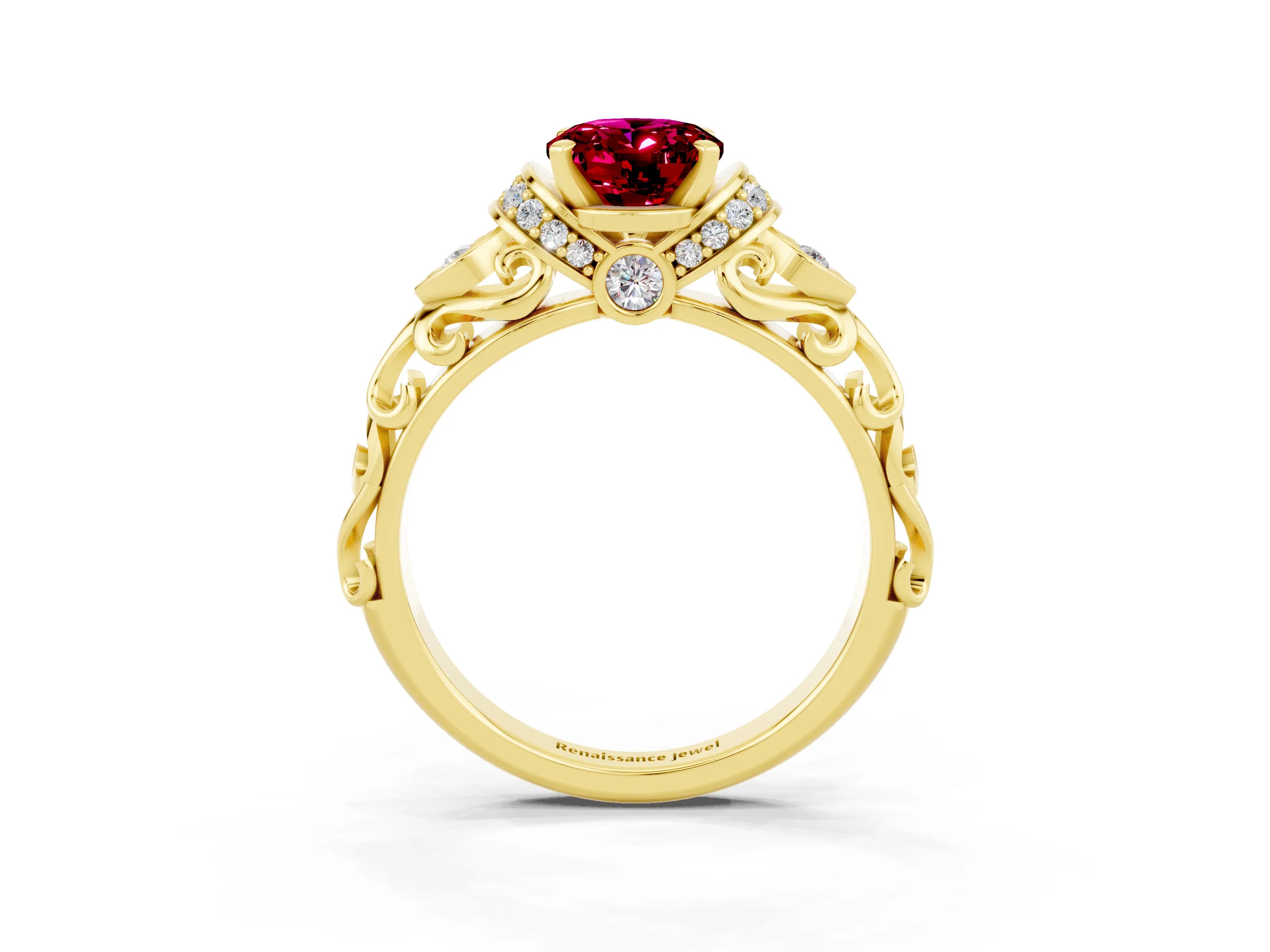 Yellow gold Oval Cut Garnet Solitaire Ring with Filigree Band and Four-Prong Setting_27