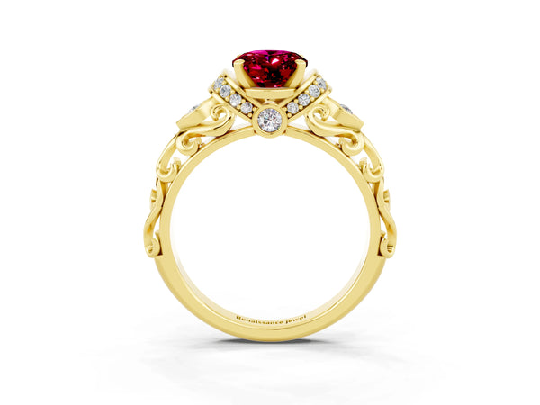 Yellow gold Oval Cut Garnet Solitaire Ring with Filigree Band and Four-Prong Setting