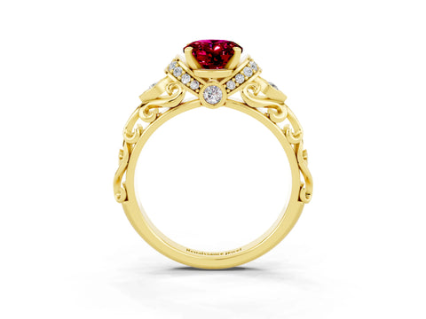 Yellow gold Oval Cut Garnet Solitaire Ring with Filigree Band and Four-Prong Setting_27