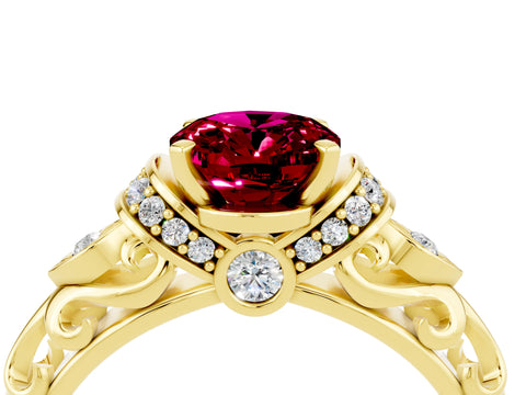Yellow gold Oval Cut Garnet Solitaire Ring with Filigree Band and Four-Prong Setting_28