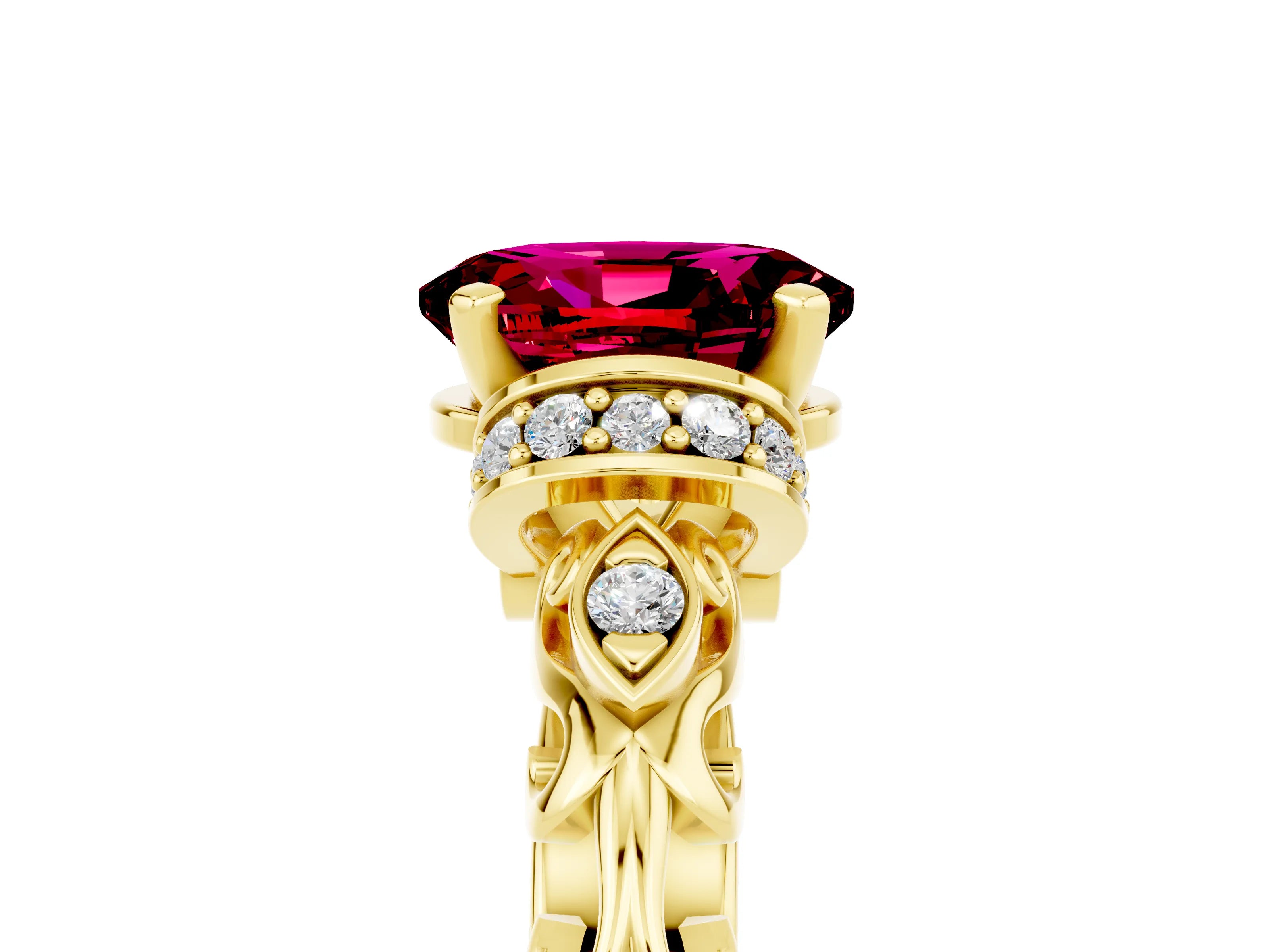 Yellow gold Oval Cut Garnet Solitaire Ring with Filigree Band and Four-Prong Setting_29