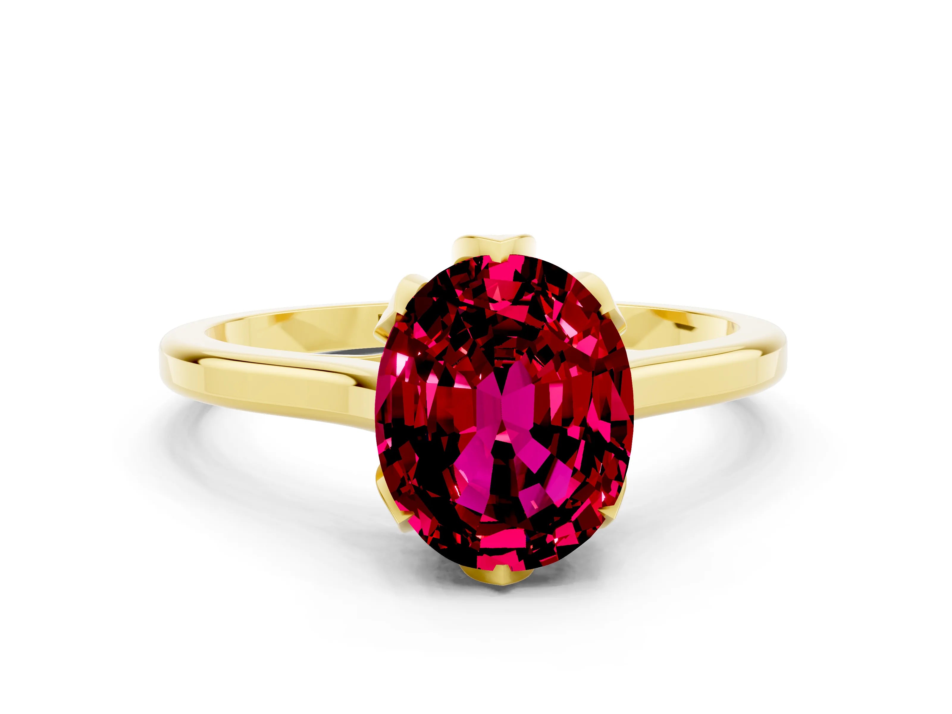 Yellow gold Oval Cut Garnet Solitaire Ring with Flower Prong Setting and Classic Band_12