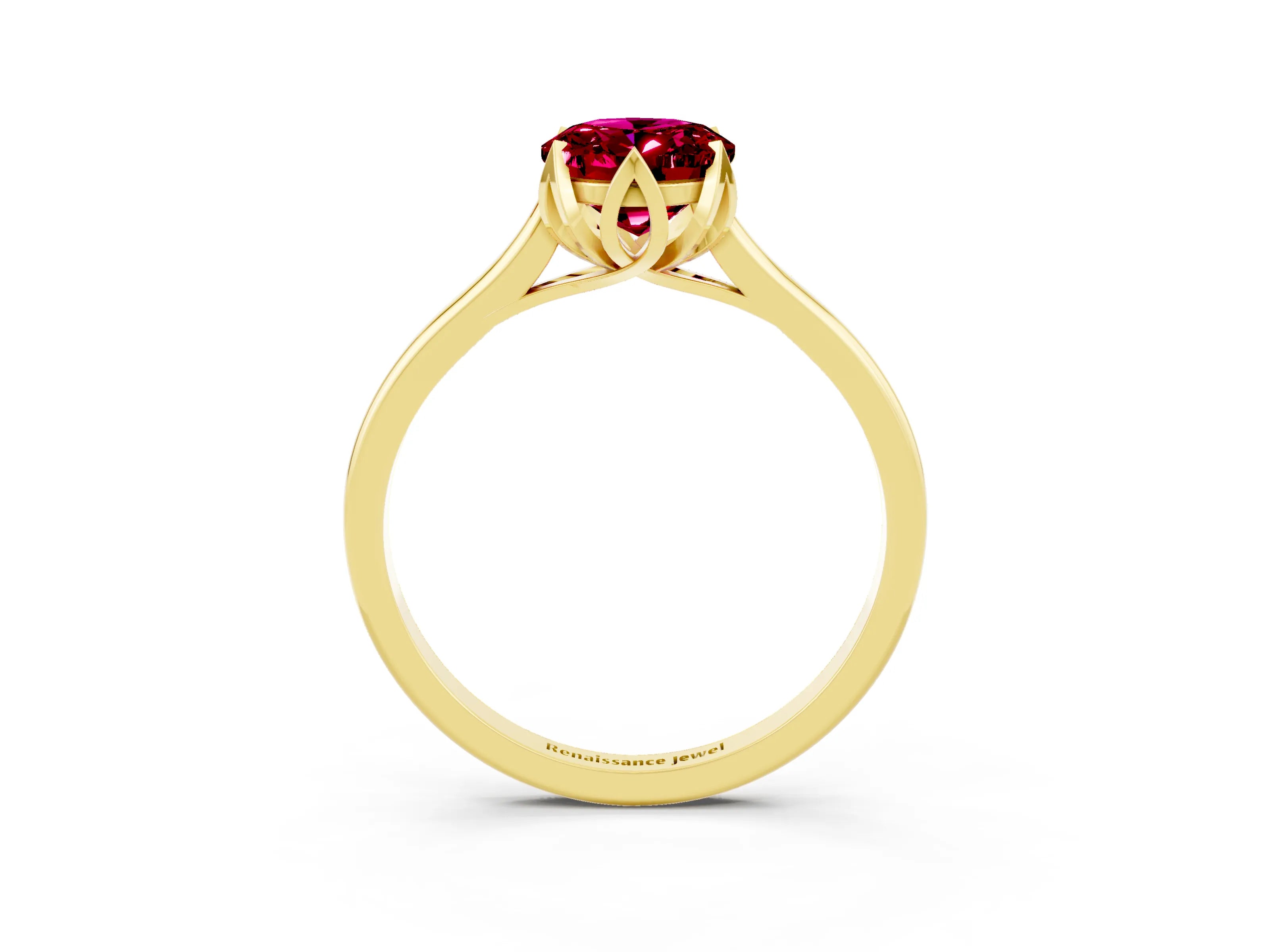 Yellow gold Oval Cut Garnet Solitaire Ring with Flower Prong Setting and Classic Band_15