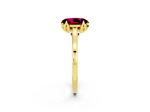 Yellow gold Oval Cut Garnet Solitaire Ring with Flower Prong Setting and Classic Band