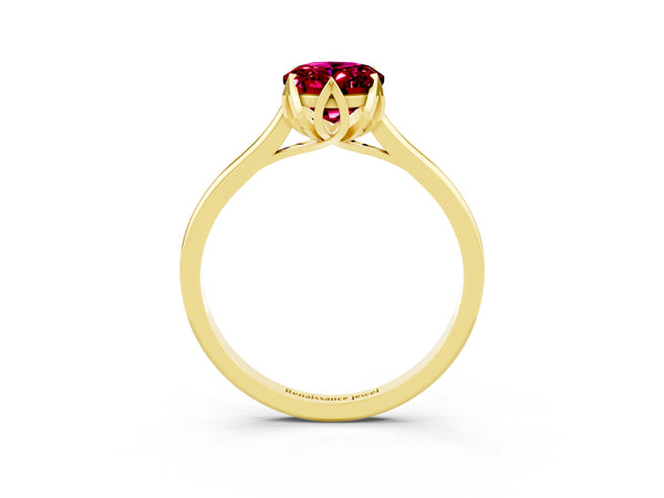 Yellow gold Oval Cut Garnet Solitaire Ring with Flower Prong Setting and Classic Band