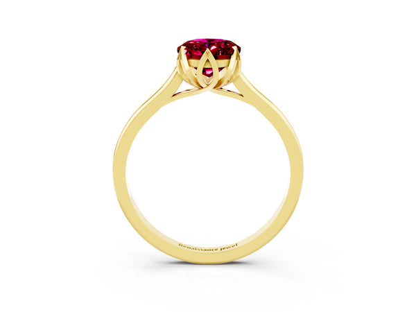 Yellow Gold Oval Garnet Floral Solitaire Engagement Ring with Flower Prong Head and Plain Band