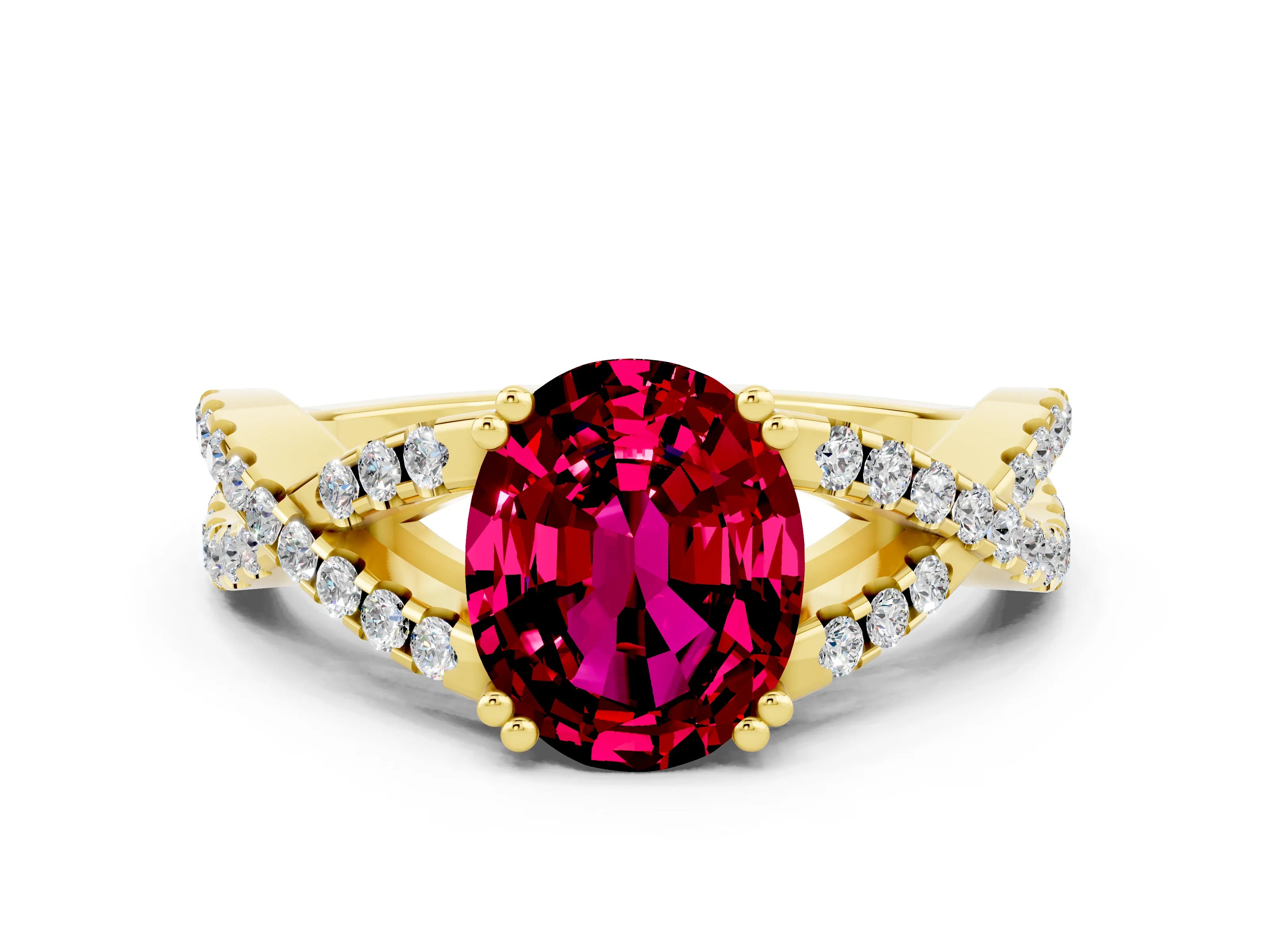 Yellow gold Oval Cut Garnet Solitaire Ring with Four-Prong Setting and Twisted Pavé Band