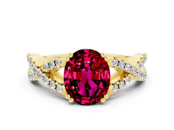 Yellow gold Oval Cut Garnet Solitaire Ring with Four-Prong Setting and Twisted Pavé Band
