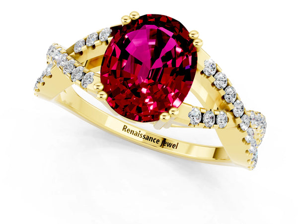 Yellow gold Oval Cut Garnet Solitaire Ring with Four-Prong Setting and Twisted Pavé Band