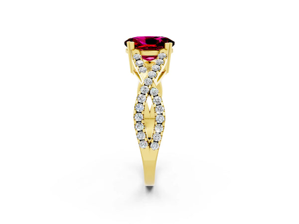 Yellow gold Oval Cut Garnet Solitaire Ring with Four-Prong Setting and Twisted Pavé Band