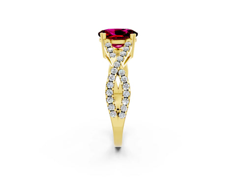 Yellow gold Oval Cut Garnet Solitaire Ring with Four-Prong Setting and Twisted Pavé Band_2