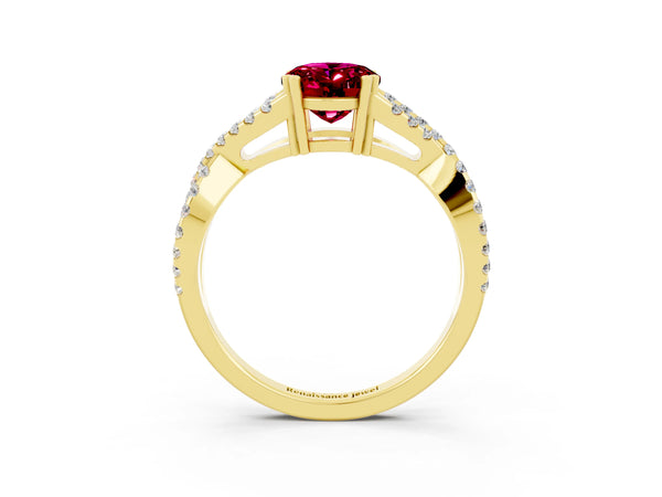 Yellow gold Oval Cut Garnet Solitaire Ring with Four-Prong Setting and Twisted Pavé Band