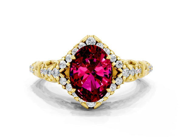 Yellow gold Oval Cut Garnet Solitaire Ring with Hidden Halo and Pavé Band