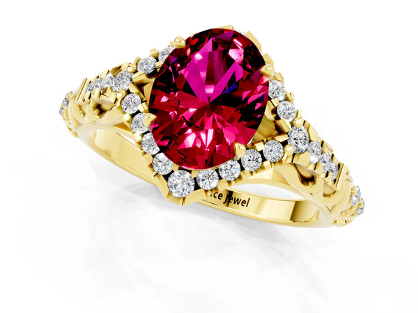 Yellow gold Oval Cut Garnet Solitaire Ring with Hidden Halo and Pavé Band