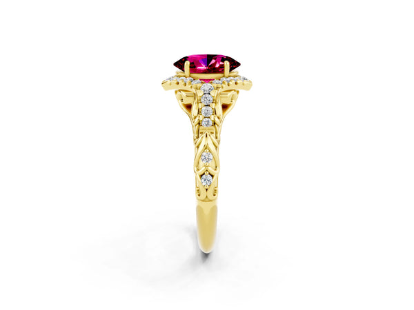 Yellow gold Oval Cut Garnet Solitaire Ring with Hidden Halo and Pavé Band