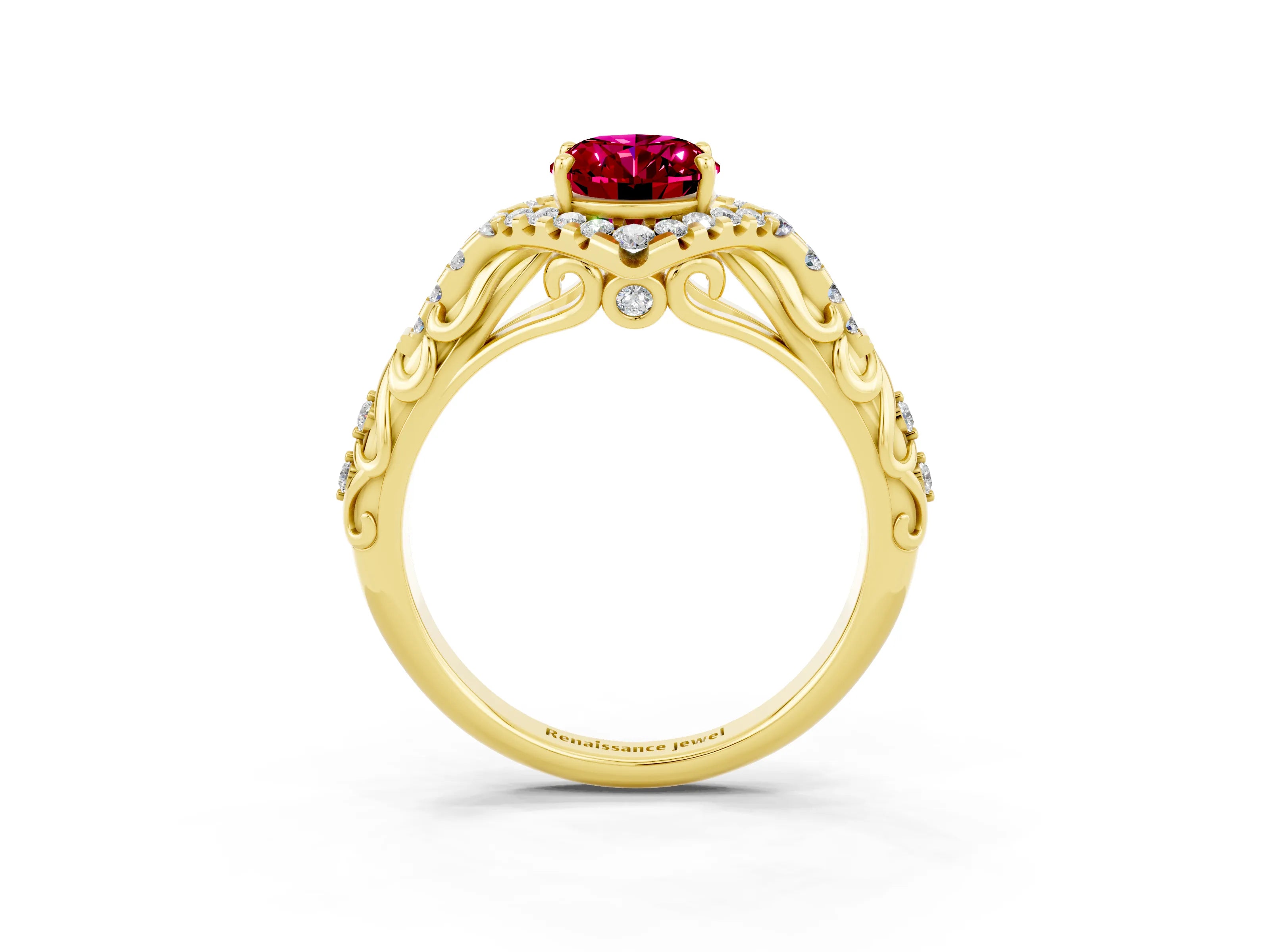 Yellow gold Oval Cut Garnet Solitaire Ring with Hidden Halo and Pavé Band_15