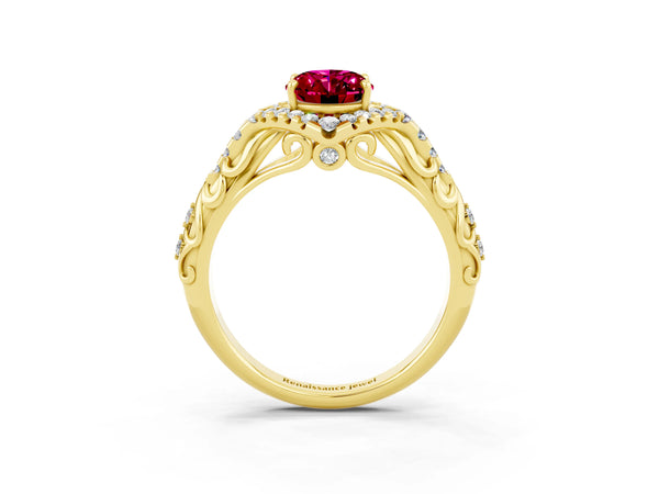 Yellow gold Oval Cut Garnet Solitaire Ring with Hidden Halo and Pavé Band