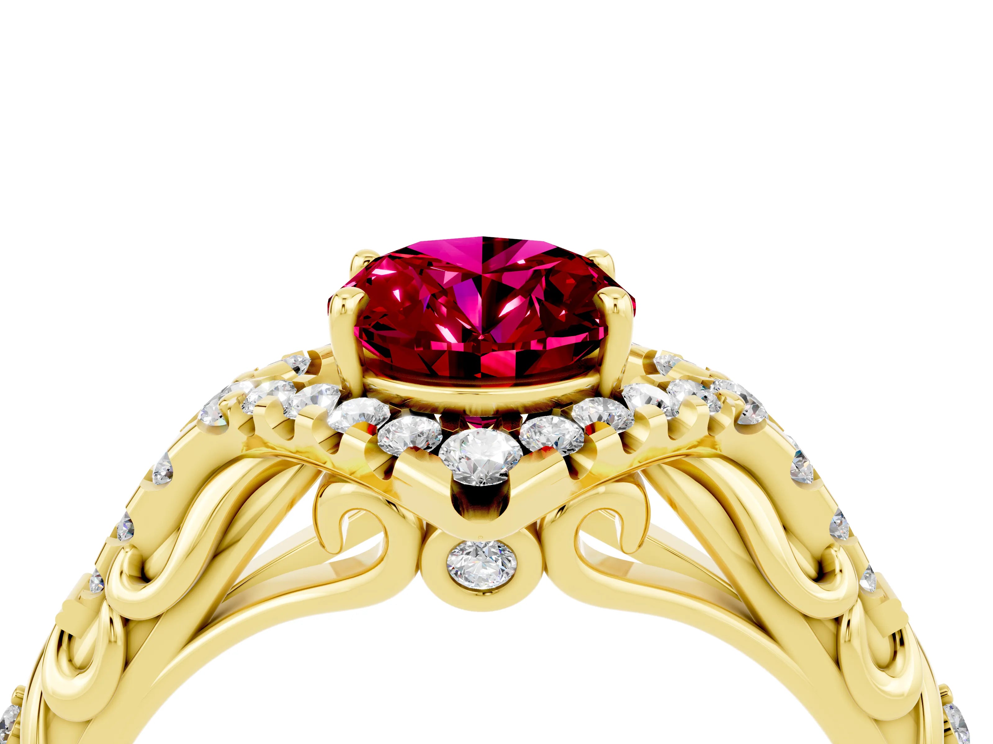Yellow gold Oval Cut Garnet Solitaire Ring with Hidden Halo and Pavé Band_16