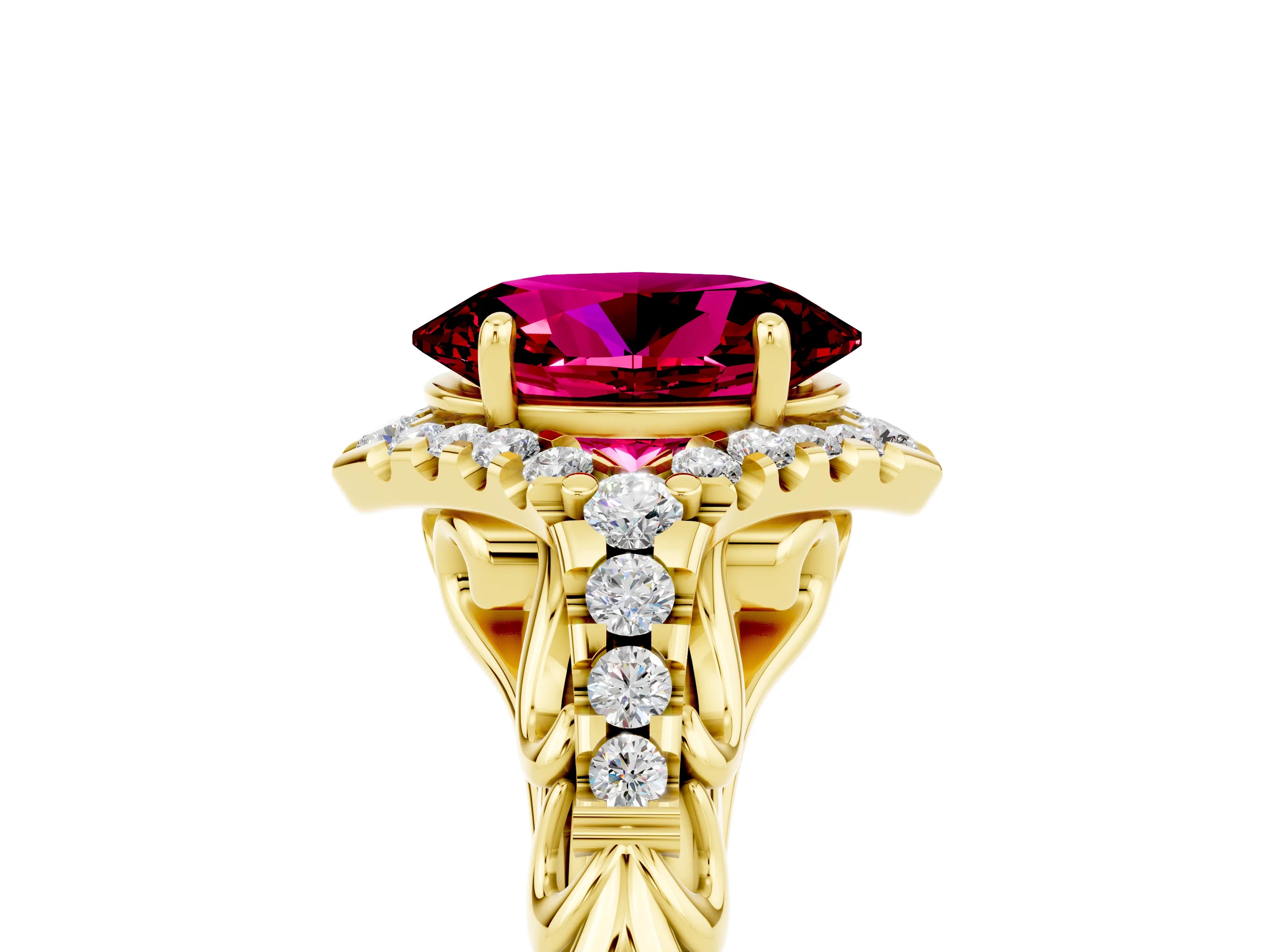 Yellow gold Oval Cut Garnet Solitaire Ring with Hidden Halo and Pavé Band_17