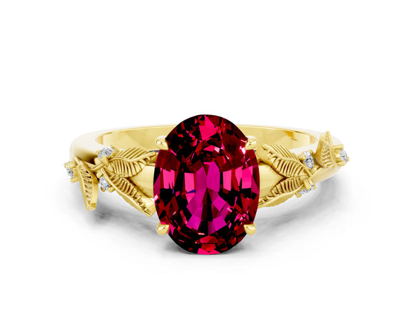 Yellow gold Oval Cut Garnet Solitaire Ring with Leaf Motif Band and Four-Prong Setting