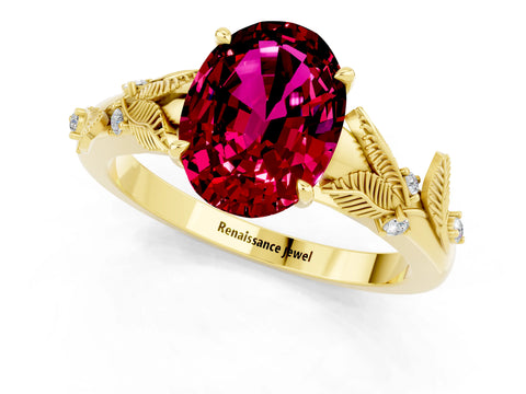 Yellow gold Oval Cut Garnet Solitaire Ring with Leaf Motif Band and Four-Prong Setting_1